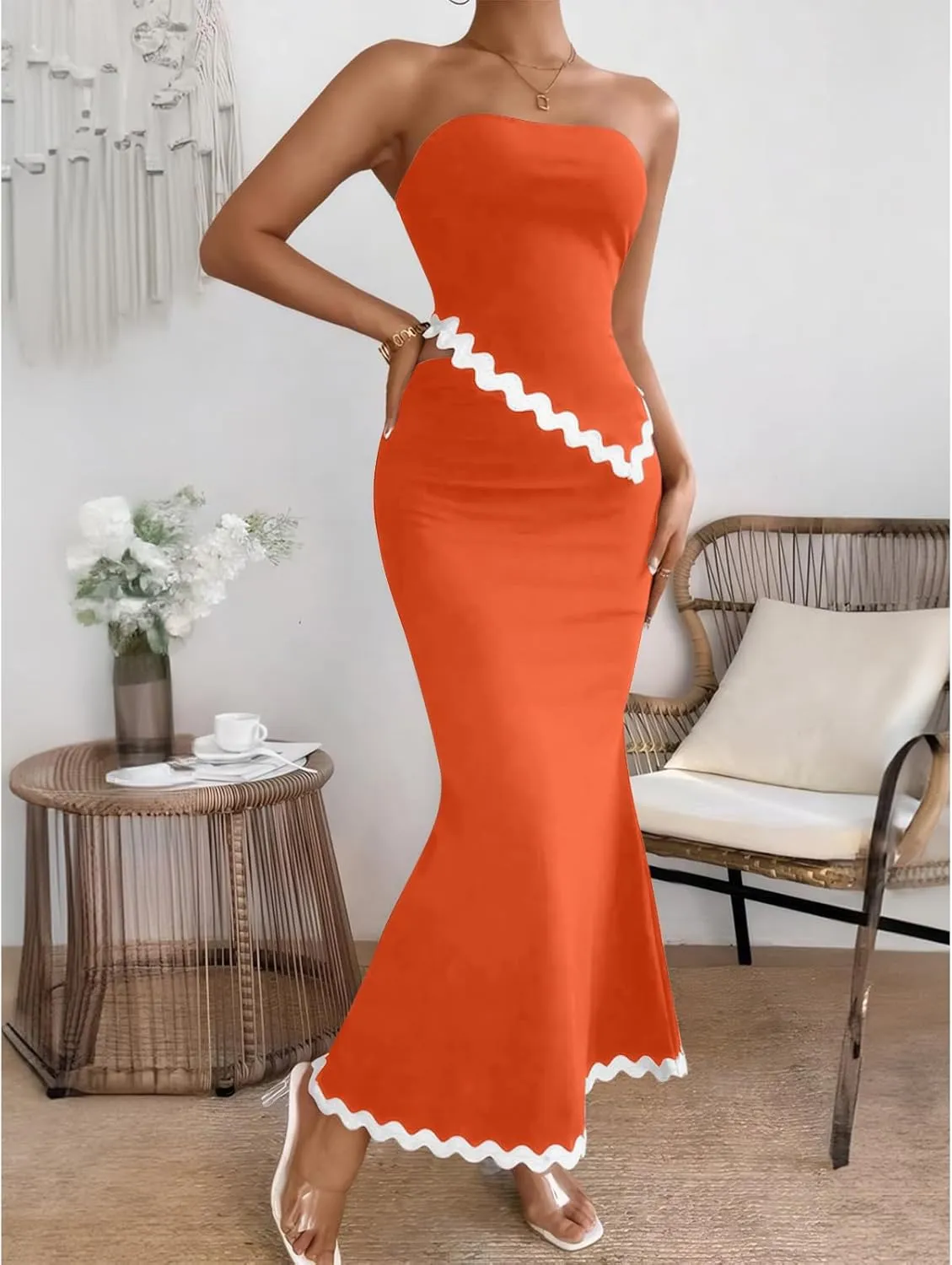 Beach Vacation Midi Dress Set 2024 Summer 2 Piece Sets Sleeveless Irregular Tube Top and Flowy Maxi Skirt Outfits