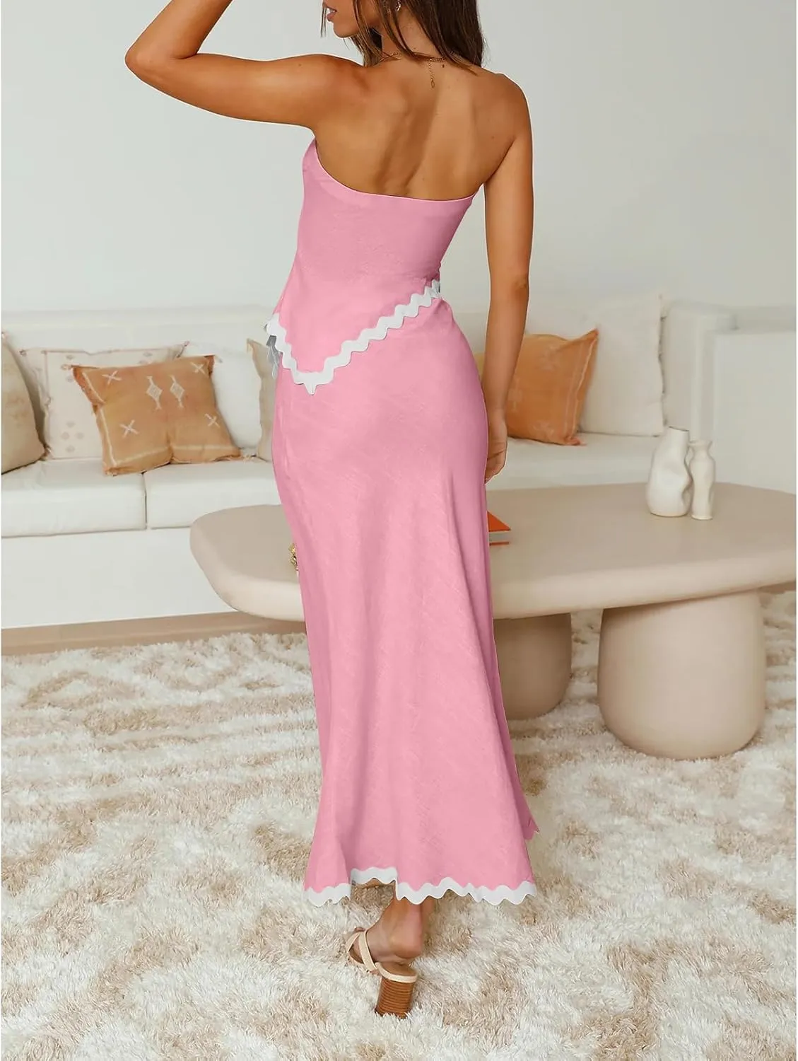 Beach Vacation Midi Dress Set 2024 Summer 2 Piece Sets Sleeveless Irregular Tube Top and Flowy Maxi Skirt Outfits