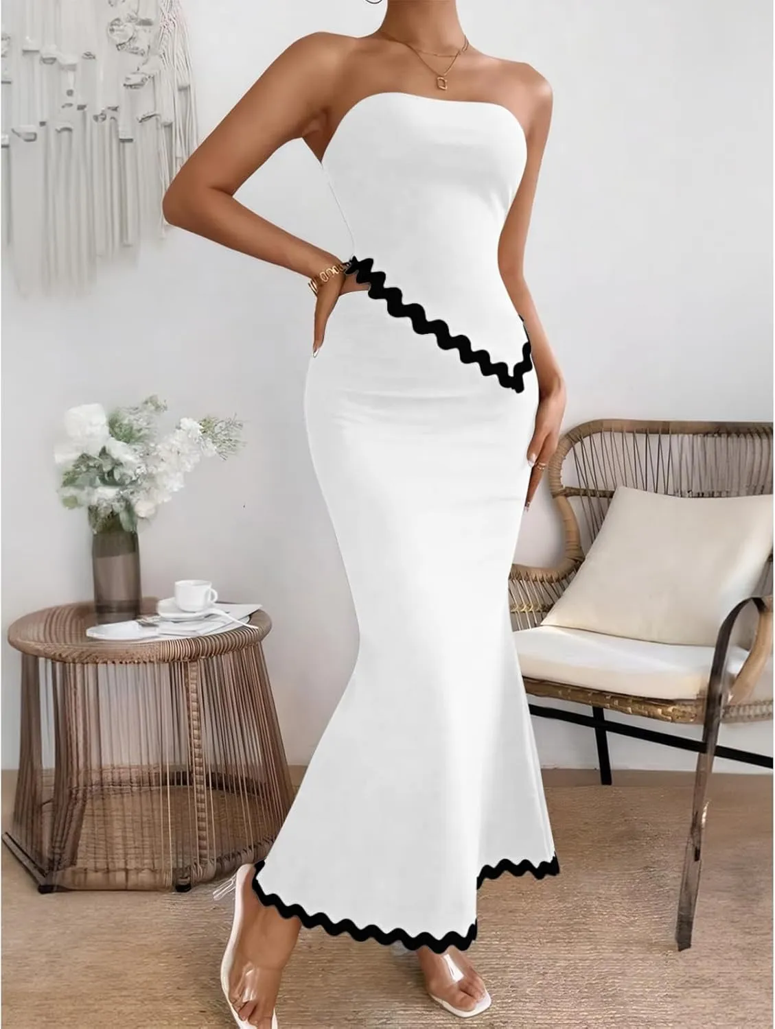 Beach Vacation Midi Dress Set 2024 Summer 2 Piece Sets Sleeveless Irregular Tube Top and Flowy Maxi Skirt Outfits