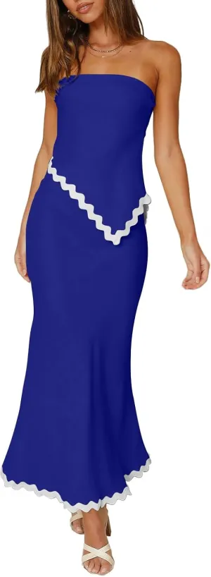 Beach Vacation Midi Dress Set 2024 Summer 2 Piece Sets Sleeveless Irregular Tube Top and Flowy Maxi Skirt Outfits