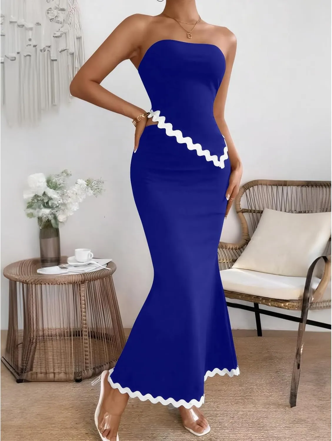 Beach Vacation Midi Dress Set 2024 Summer 2 Piece Sets Sleeveless Irregular Tube Top and Flowy Maxi Skirt Outfits