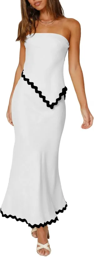 Beach Vacation Midi Dress Set 2024 Summer 2 Piece Sets Sleeveless Irregular Tube Top and Flowy Maxi Skirt Outfits