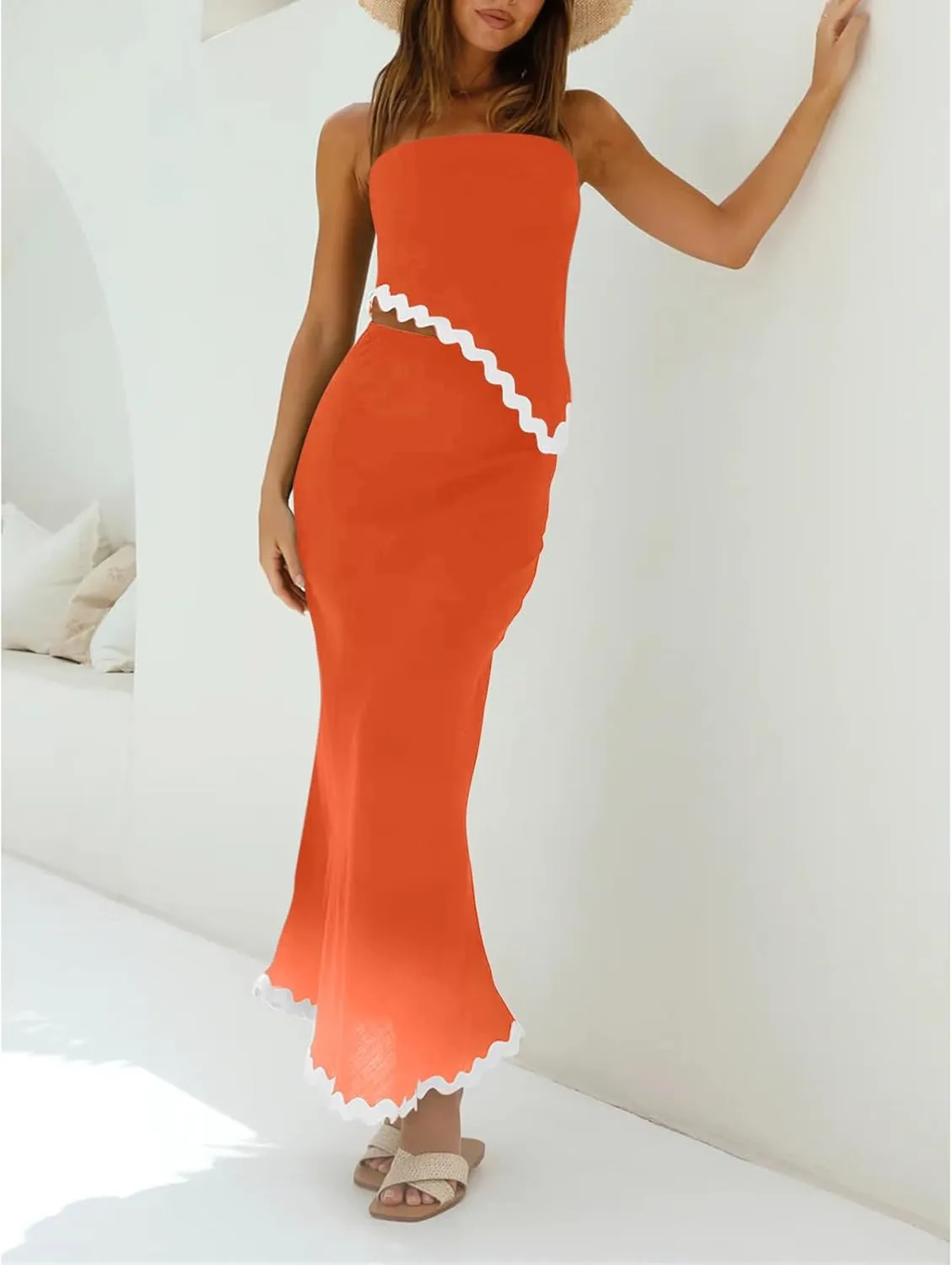 Beach Vacation Midi Dress Set 2024 Summer 2 Piece Sets Sleeveless Irregular Tube Top and Flowy Maxi Skirt Outfits