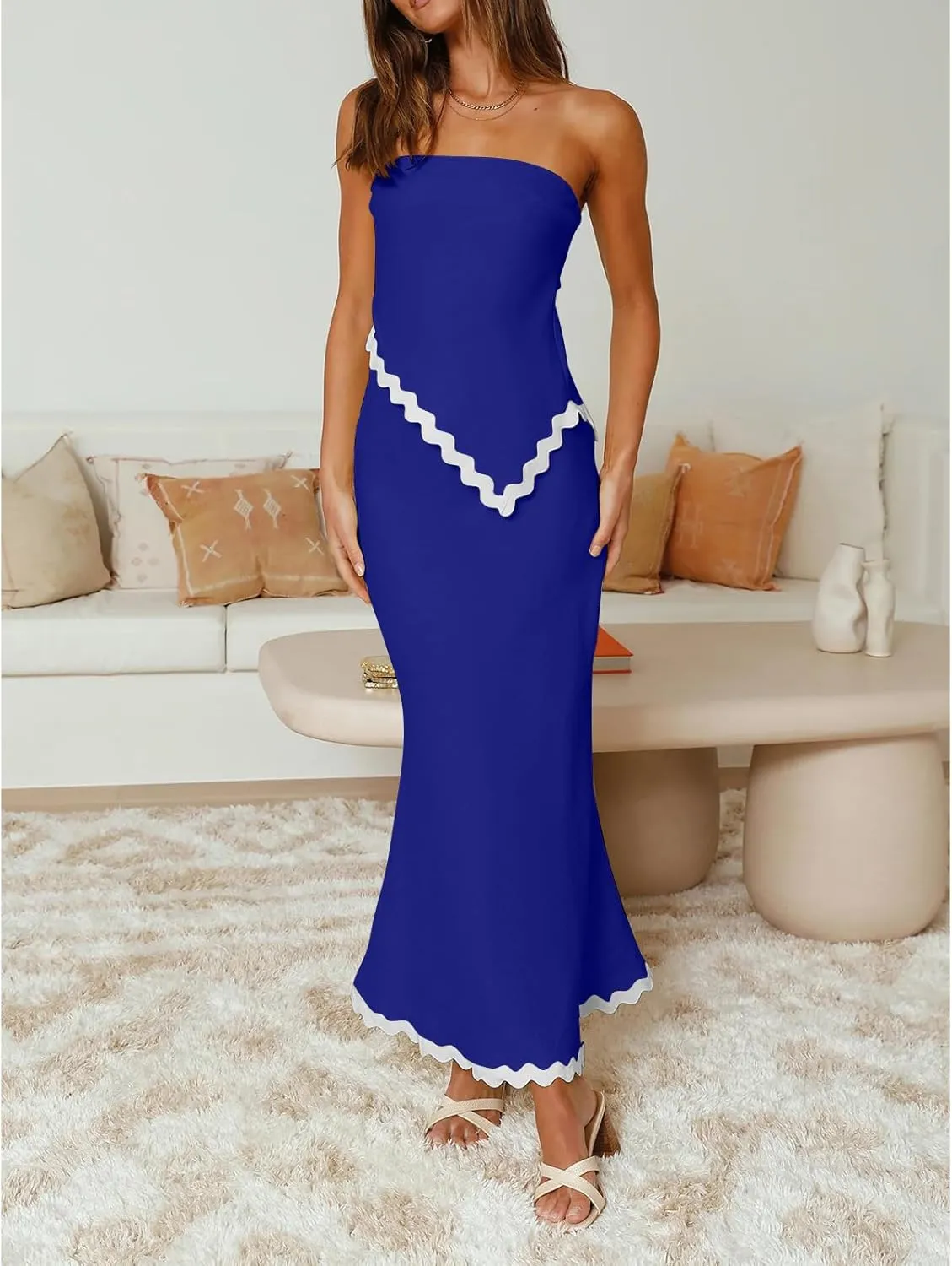 Beach Vacation Midi Dress Set 2024 Summer 2 Piece Sets Sleeveless Irregular Tube Top and Flowy Maxi Skirt Outfits