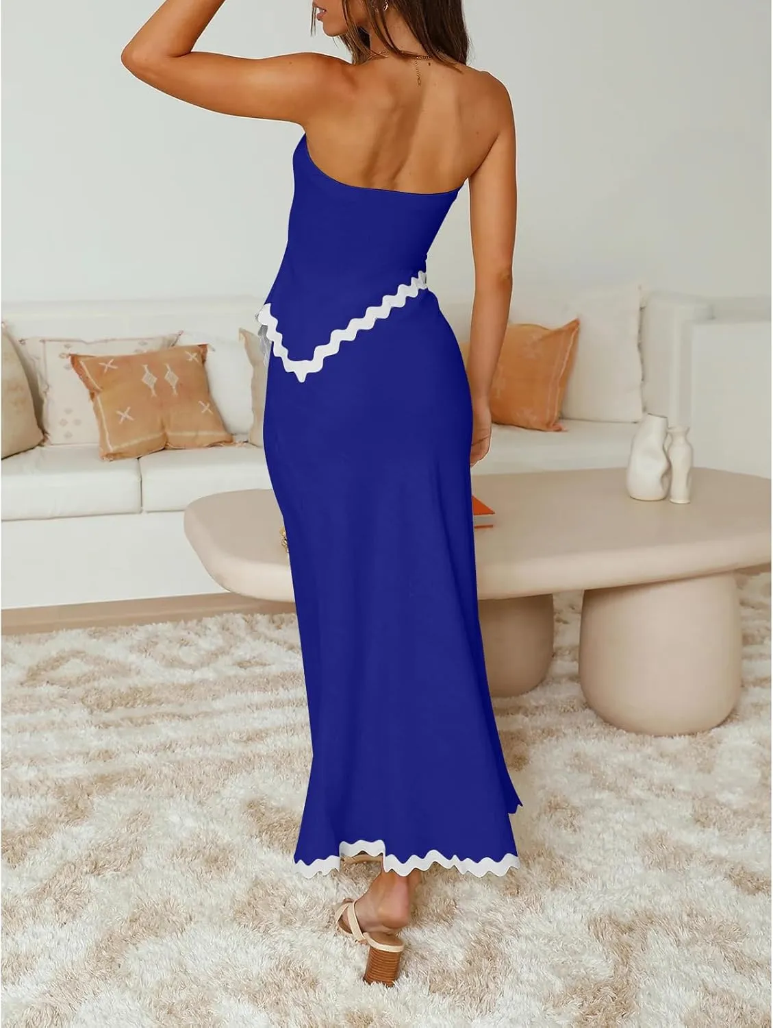Beach Vacation Midi Dress Set 2024 Summer 2 Piece Sets Sleeveless Irregular Tube Top and Flowy Maxi Skirt Outfits