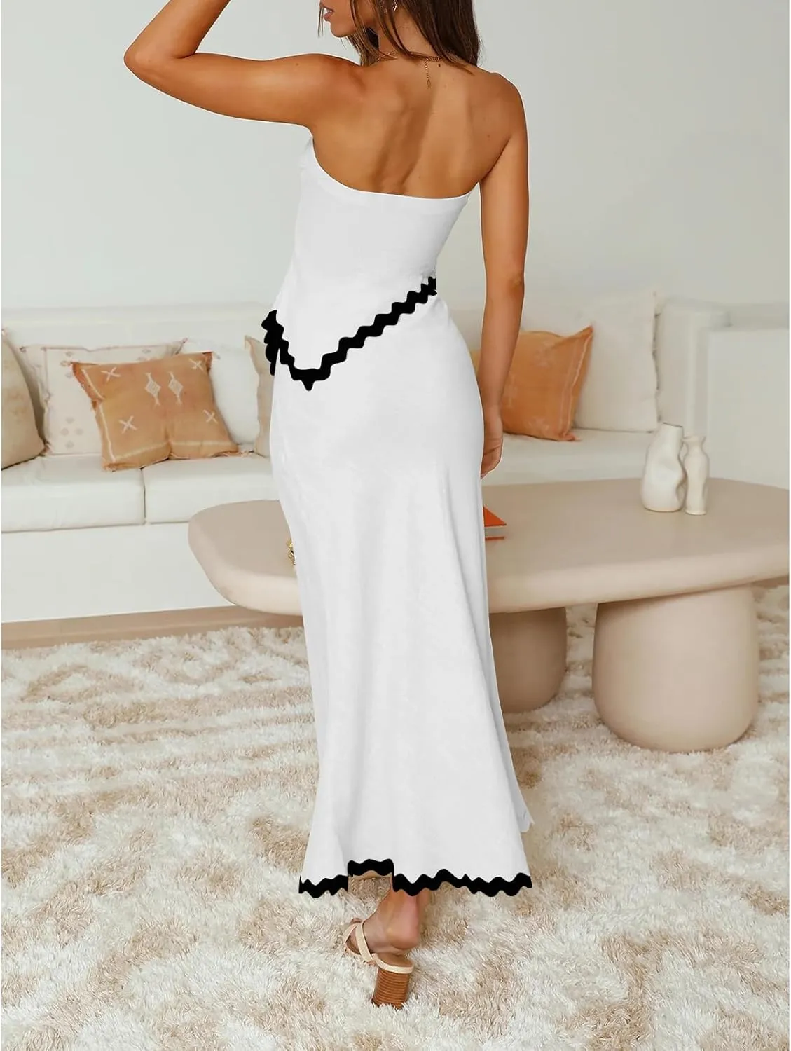 Beach Vacation Midi Dress Set 2024 Summer 2 Piece Sets Sleeveless Irregular Tube Top and Flowy Maxi Skirt Outfits