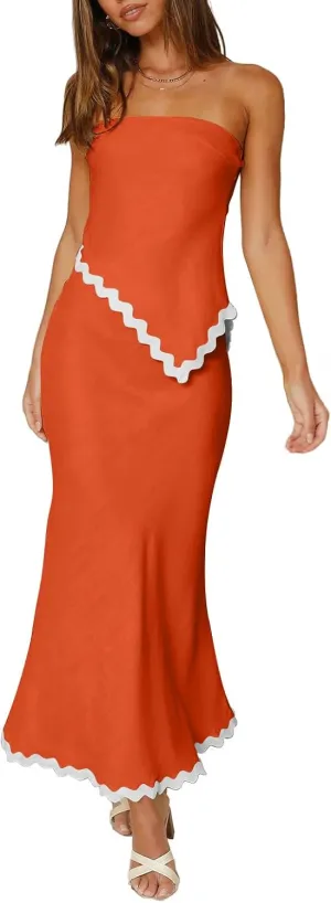 Beach Vacation Midi Dress Set 2024 Summer 2 Piece Sets Sleeveless Irregular Tube Top and Flowy Maxi Skirt Outfits