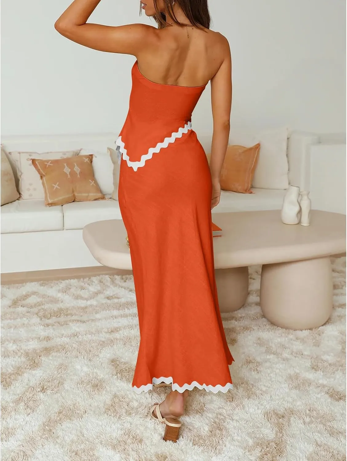 Beach Vacation Midi Dress Set 2024 Summer 2 Piece Sets Sleeveless Irregular Tube Top and Flowy Maxi Skirt Outfits