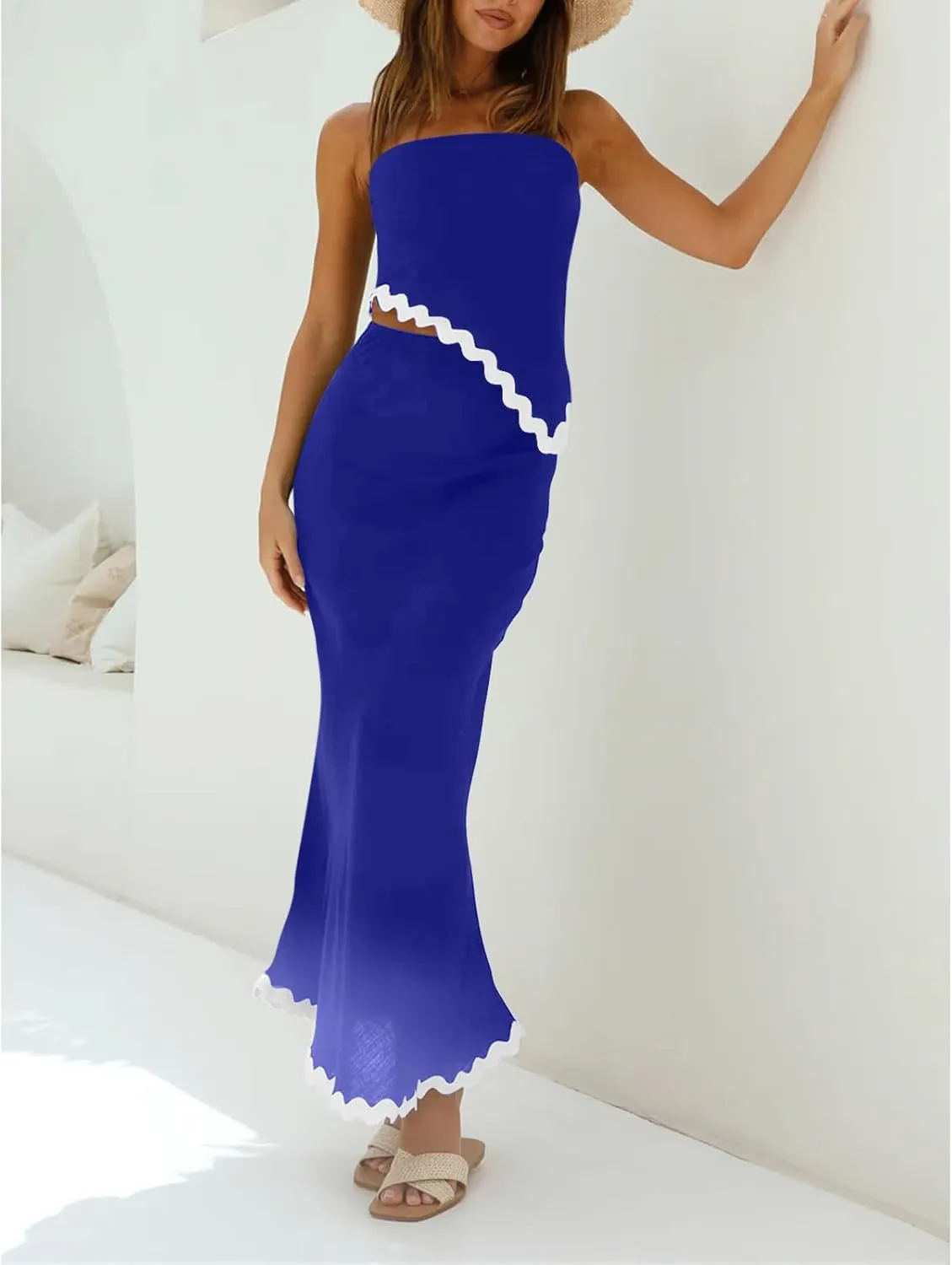 Beach Vacation Midi Dress Set 2024 Summer 2 Piece Sets Sleeveless Irregular Tube Top and Flowy Maxi Skirt Outfits
