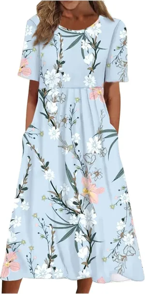 Below The Knee Short Sleeve Cover Up Ladies Dressy Classic Summer Super Soft Graphic Cotton Dress for Women.