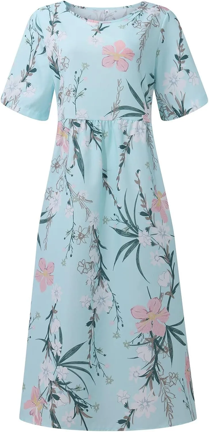 Below The Knee Short Sleeve Cover Up Ladies Dressy Classic Summer Super Soft Graphic Cotton Dress for Women.