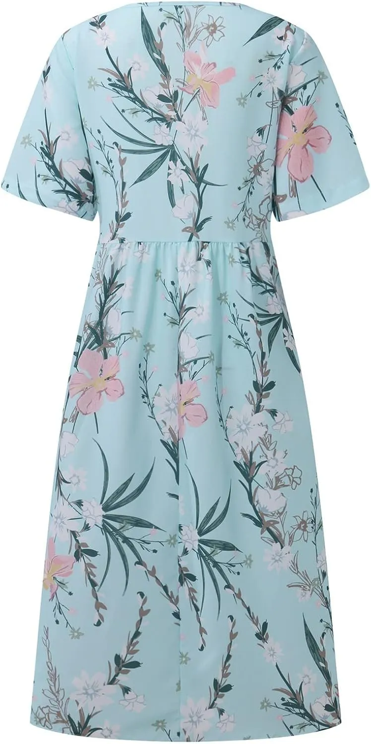 Below The Knee Short Sleeve Cover Up Ladies Dressy Classic Summer Super Soft Graphic Cotton Dress for Women.