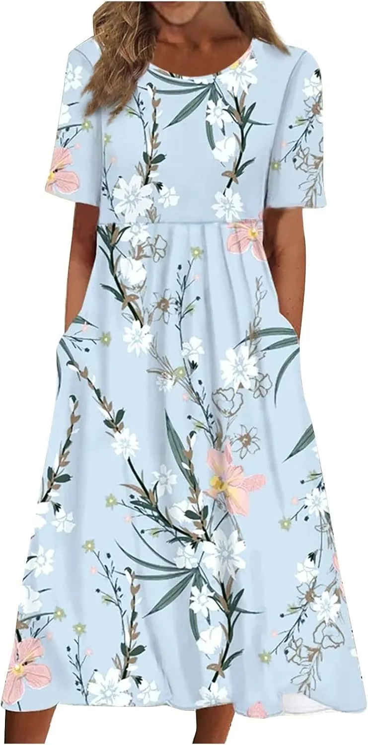 Below The Knee Short Sleeve Cover Up Ladies Dressy Classic Summer Super Soft Graphic Cotton Dress for Women.