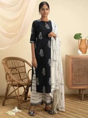 Black Printed Cotton Straight Kurta With Palazzos & Dupatta