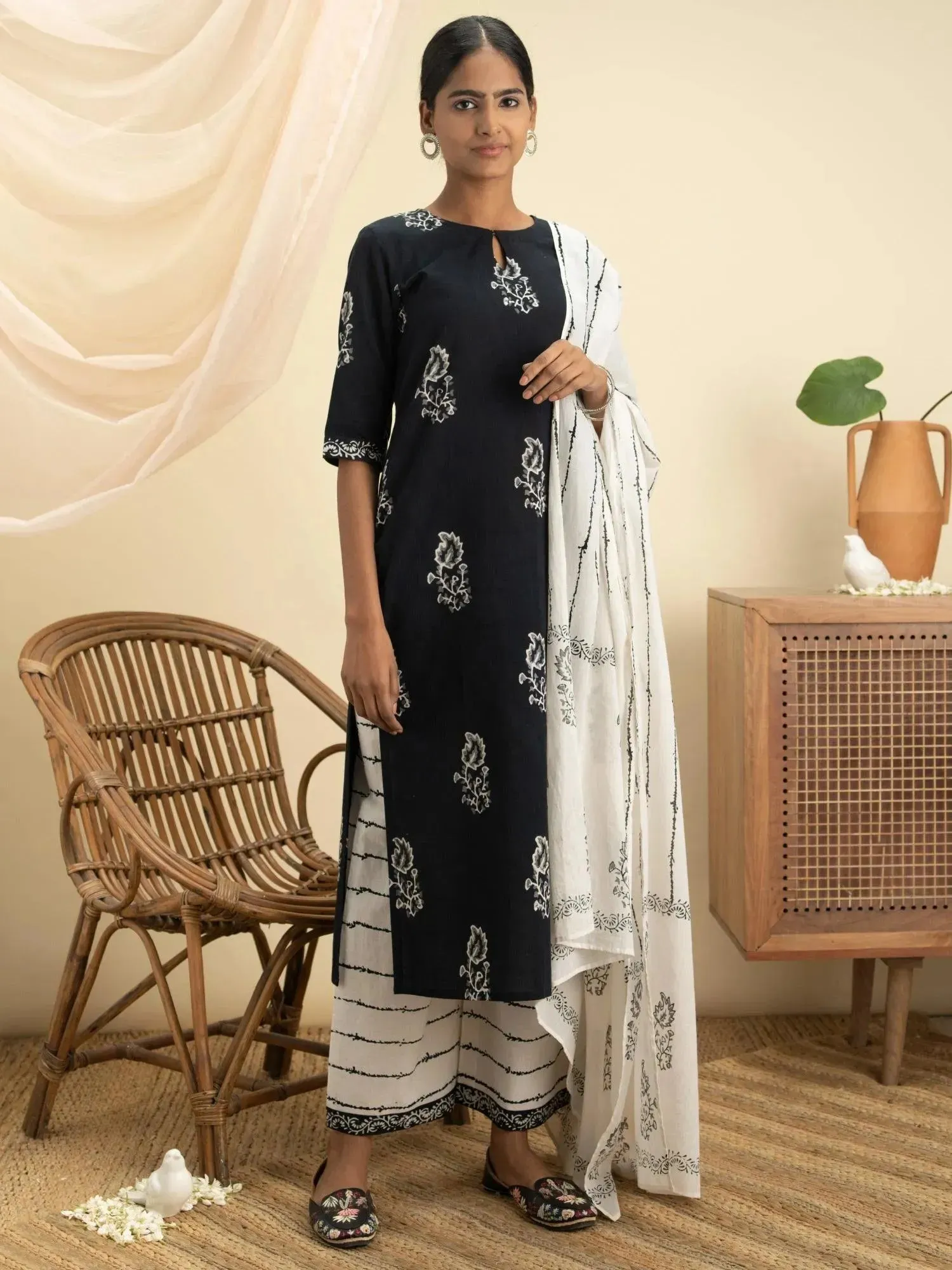 Black Printed Cotton Straight Kurta With Palazzos & Dupatta