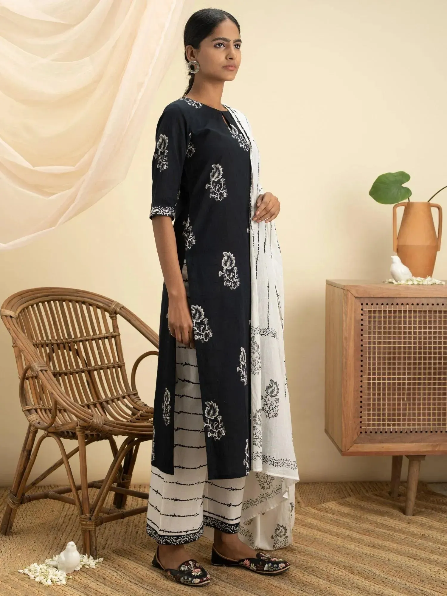 Black Printed Cotton Straight Kurta With Palazzos & Dupatta