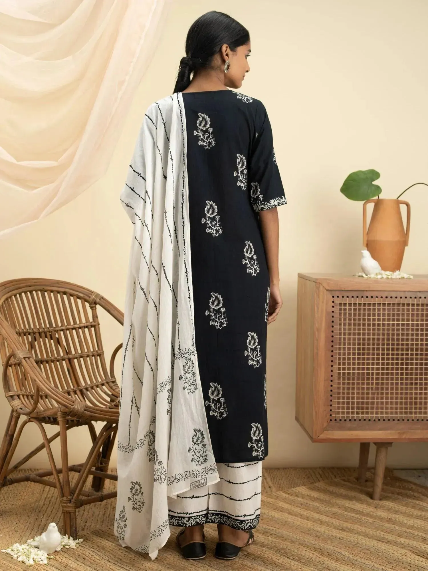 Black Printed Cotton Straight Kurta With Palazzos & Dupatta