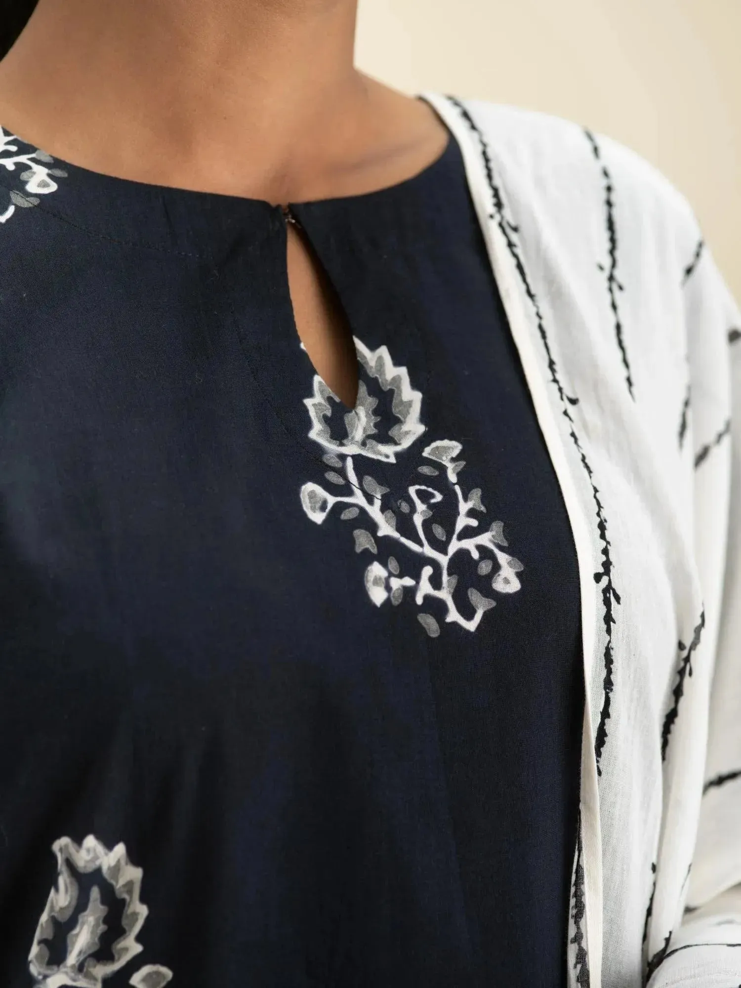 Black Printed Cotton Straight Kurta With Palazzos & Dupatta