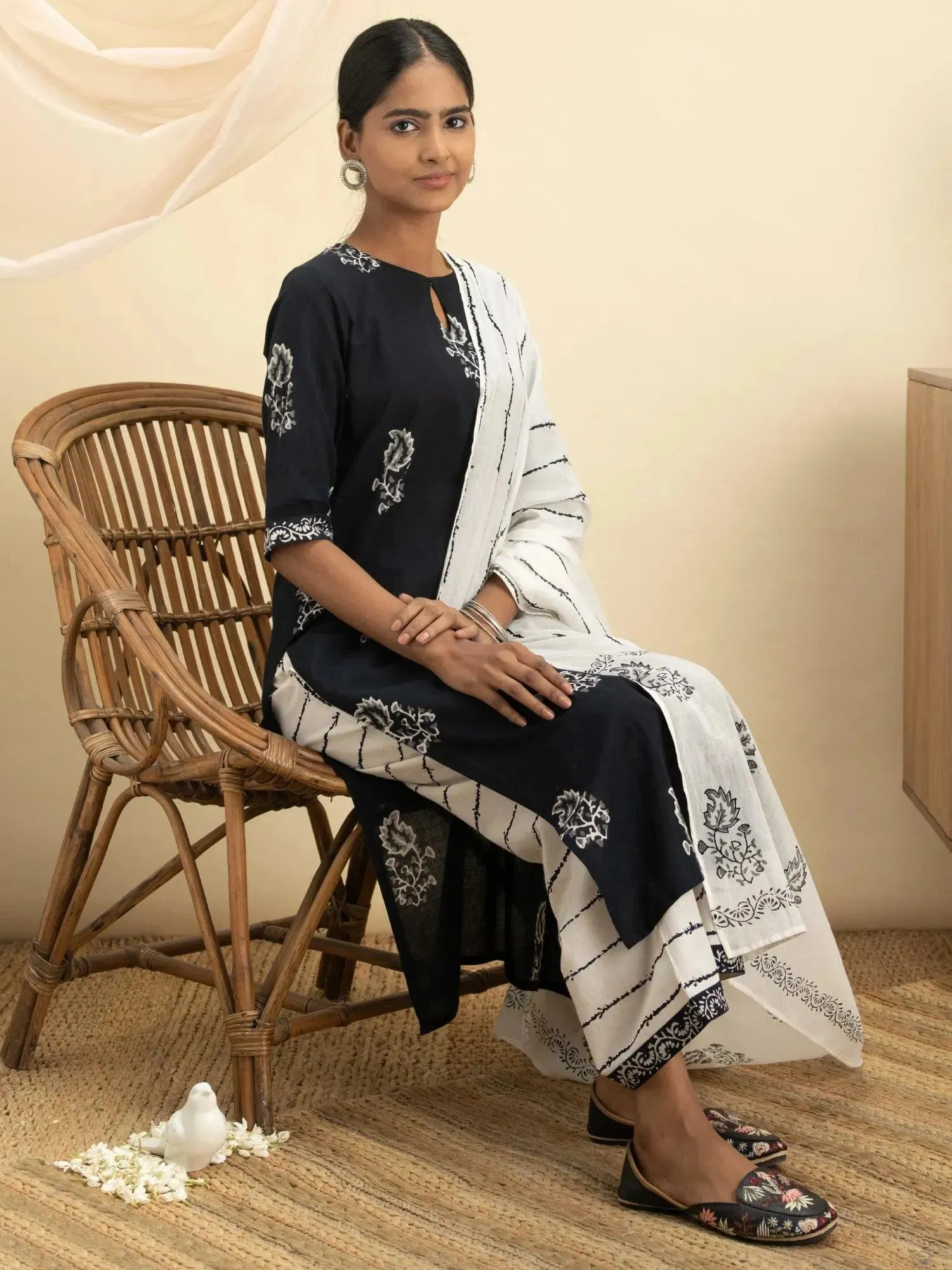 Black Printed Cotton Straight Kurta With Palazzos & Dupatta