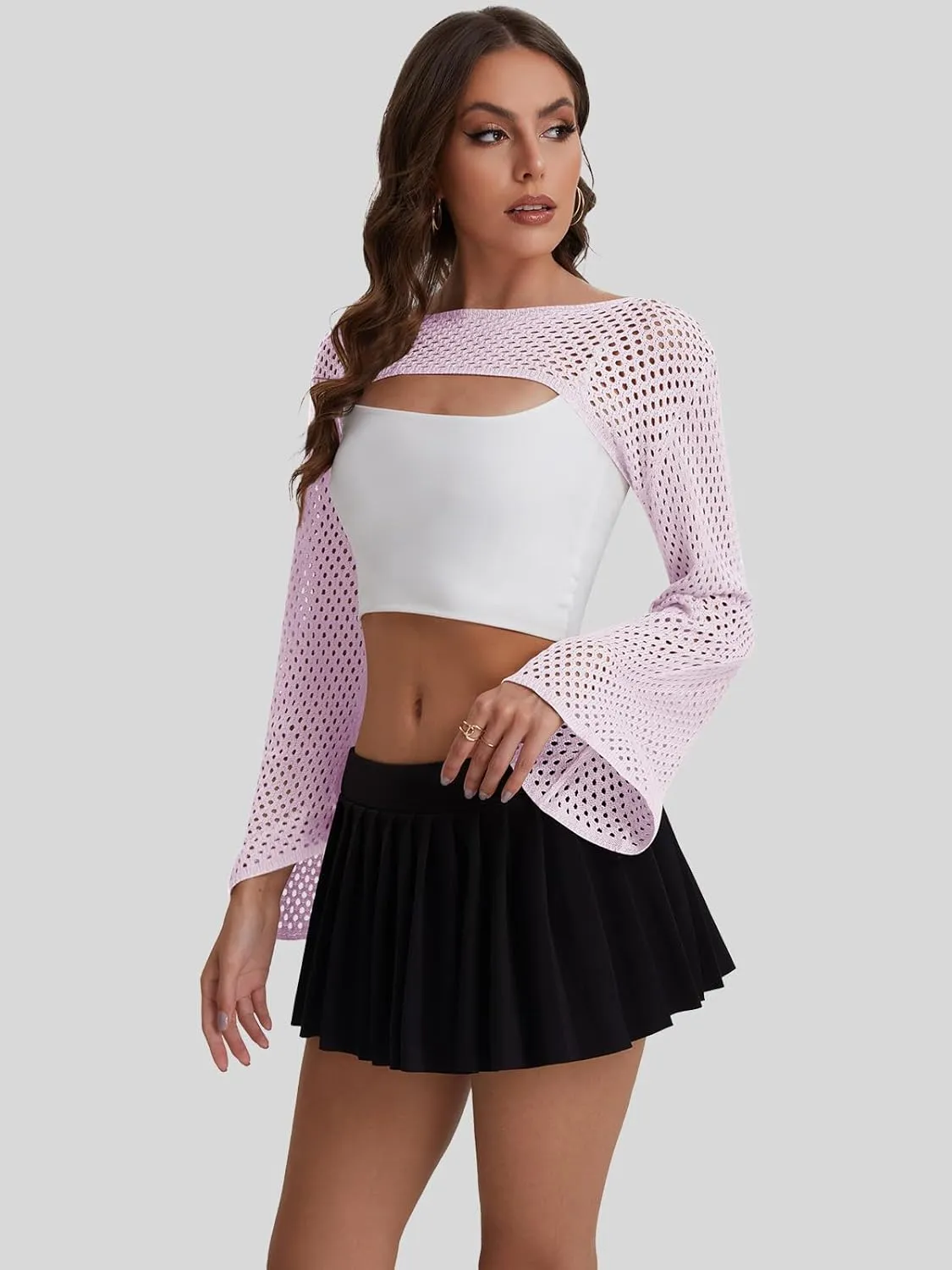 Bloggerlove Crochet Crop Tops for Women Trendy Bolero Hollow Out Shrug Sweaters Sexy Beach Cover Ups Y2K Tops S-XL