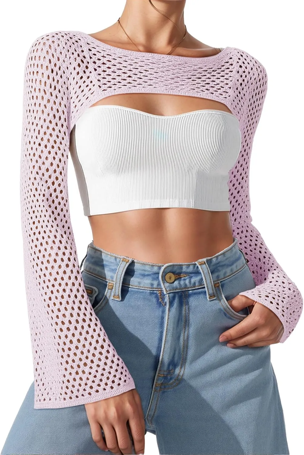 Bloggerlove Crochet Crop Tops for Women Trendy Bolero Hollow Out Shrug Sweaters Sexy Beach Cover Ups Y2K Tops S-XL