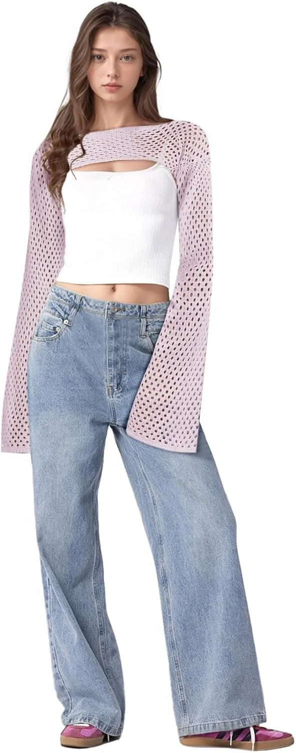Bloggerlove Crochet Crop Tops for Women Trendy Bolero Hollow Out Shrug Sweaters Sexy Beach Cover Ups Y2K Tops S-XL