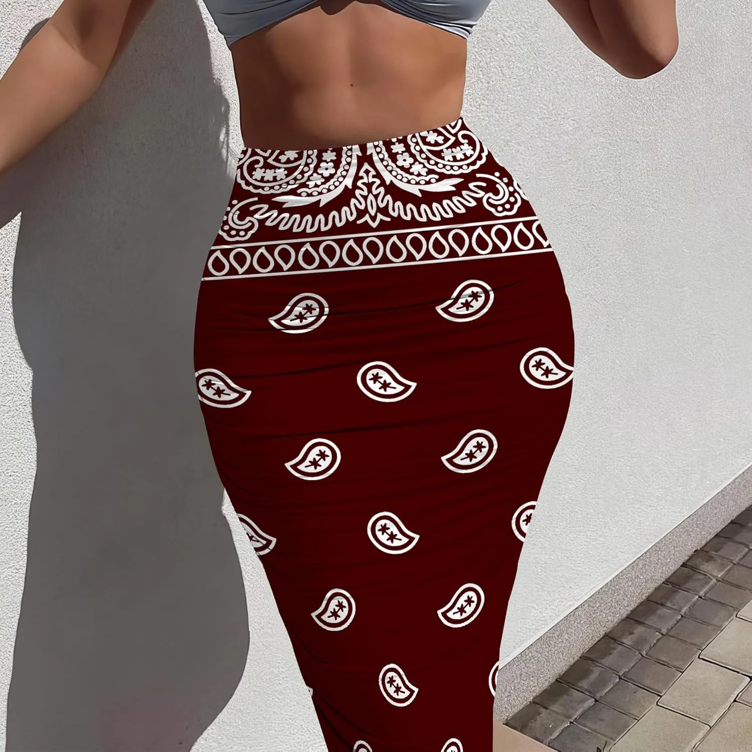 Bodycon Pencil Skirt for Women Slim fit Ruched High Waist Plus Size Midi Skirt Party Club Night Out Wrap Long Skirt
