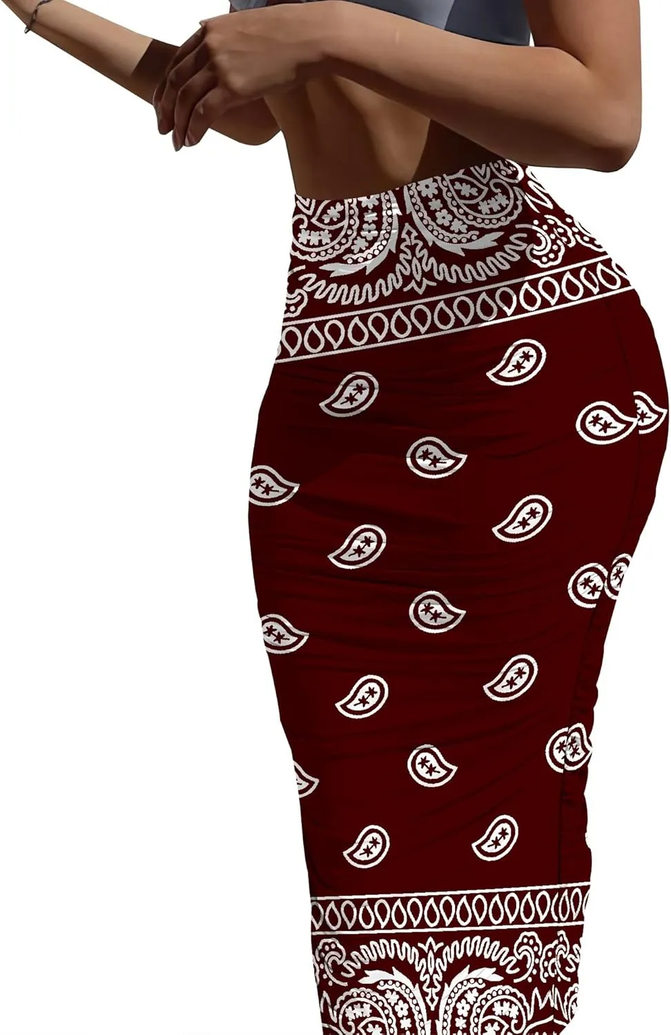 Bodycon Pencil Skirt for Women Slim fit Ruched High Waist Plus Size Midi Skirt Party Club Night Out Wrap Long Skirt