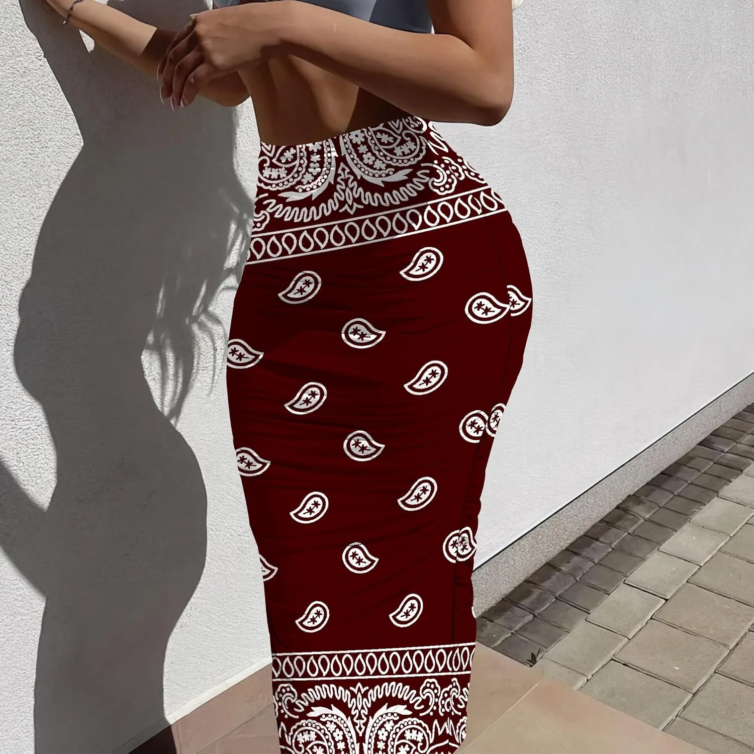 Bodycon Pencil Skirt for Women Slim fit Ruched High Waist Plus Size Midi Skirt Party Club Night Out Wrap Long Skirt