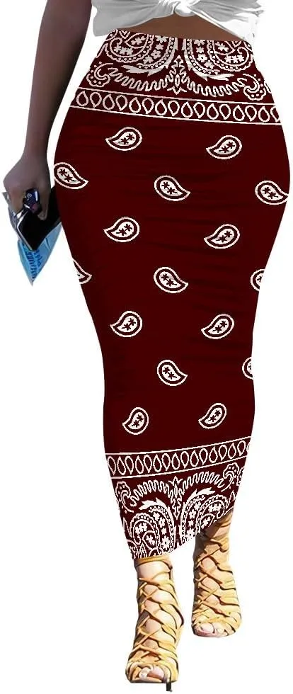 Bodycon Pencil Skirt for Women Slim fit Ruched High Waist Plus Size Midi Skirt Party Club Night Out Wrap Long Skirt