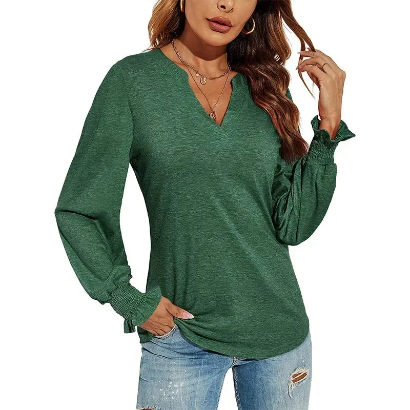 Bonnyshow  Minimalist White T-Shirt Women Long Sleeved V-Neck Pullover Female Work Clothes Every Day Blouse
