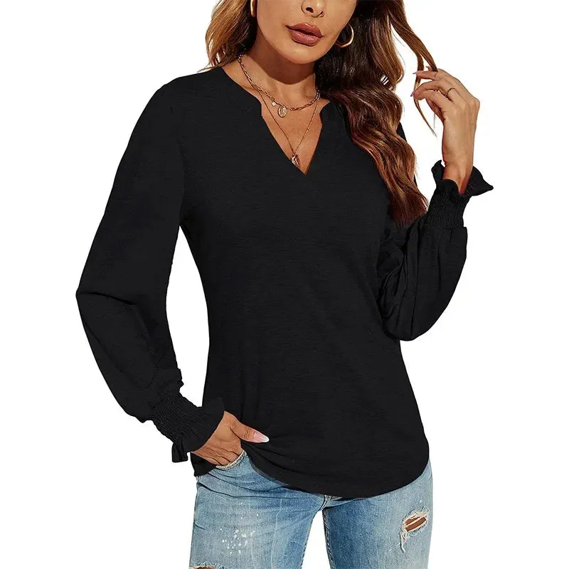 Bonnyshow  Minimalist White T-Shirt Women Long Sleeved V-Neck Pullover Female Work Clothes Every Day Blouse