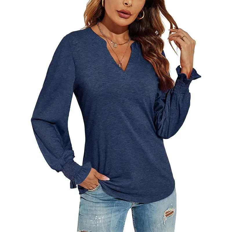 Bonnyshow  Minimalist White T-Shirt Women Long Sleeved V-Neck Pullover Female Work Clothes Every Day Blouse
