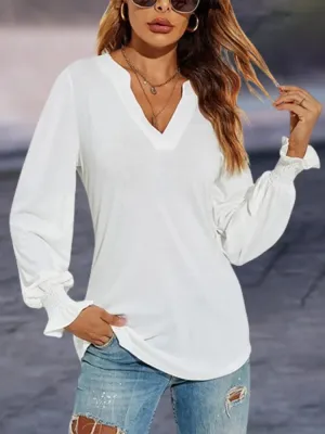 Bonnyshow  Minimalist White T-Shirt Women Long Sleeved V-Neck Pullover Female Work Clothes Every Day Blouse