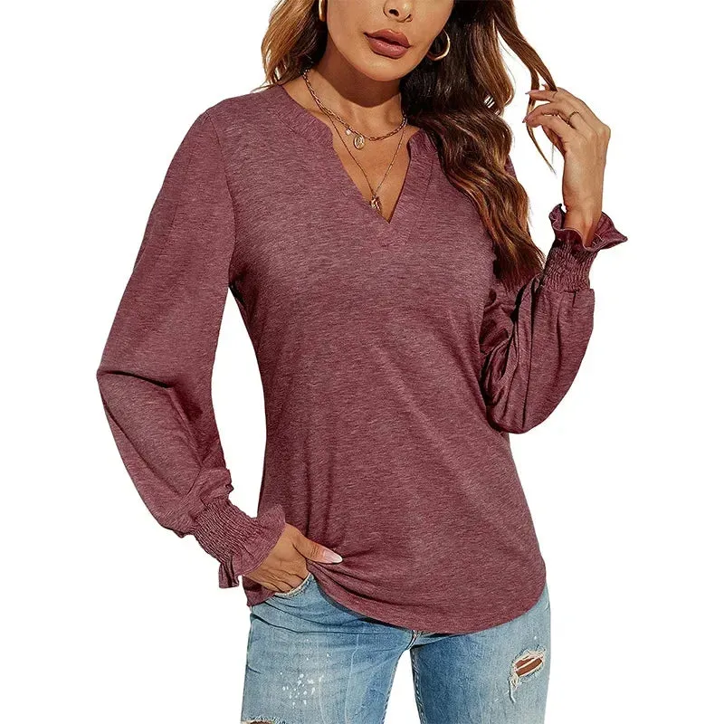 Bonnyshow  Minimalist White T-Shirt Women Long Sleeved V-Neck Pullover Female Work Clothes Every Day Blouse