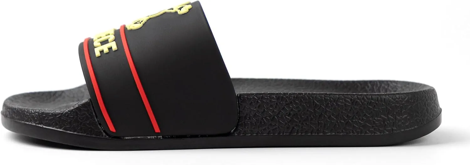 Boys Black Sliders | Red & Yellow Emblem Casual Footwear | Anime Inspired Outdoor & Home Wear
