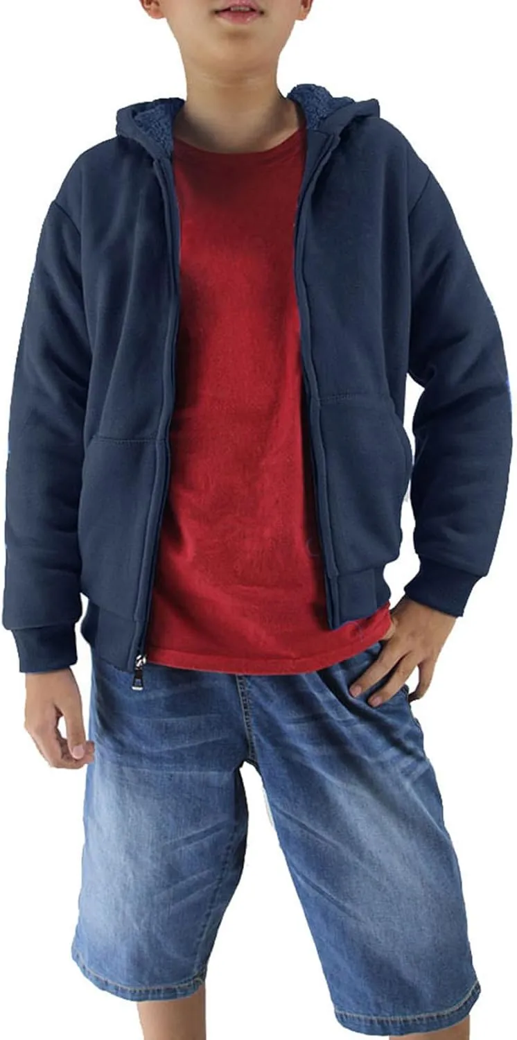 Boys' Fashion Zip Up Hoodie Plain Comfort Fleece Jacket Youth Heavyweight Sherpa Lined Sweatshirts