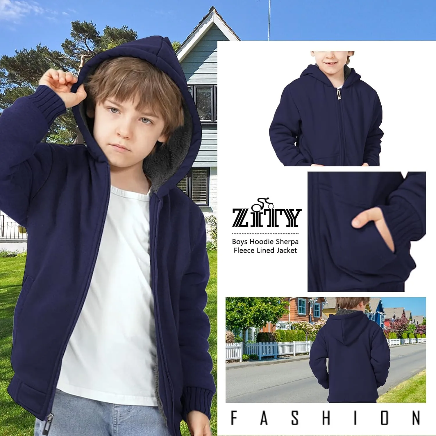 Boys Fleece Jacket Zip Up Hoodie Sherpa Lined Warm Coat Hooded Sweatshirt Outerwear