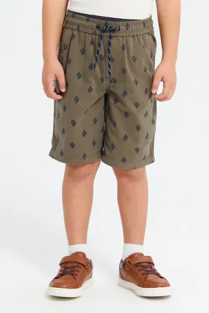 Boys Green And Beige Printed Shorts Set (2 Piece)
