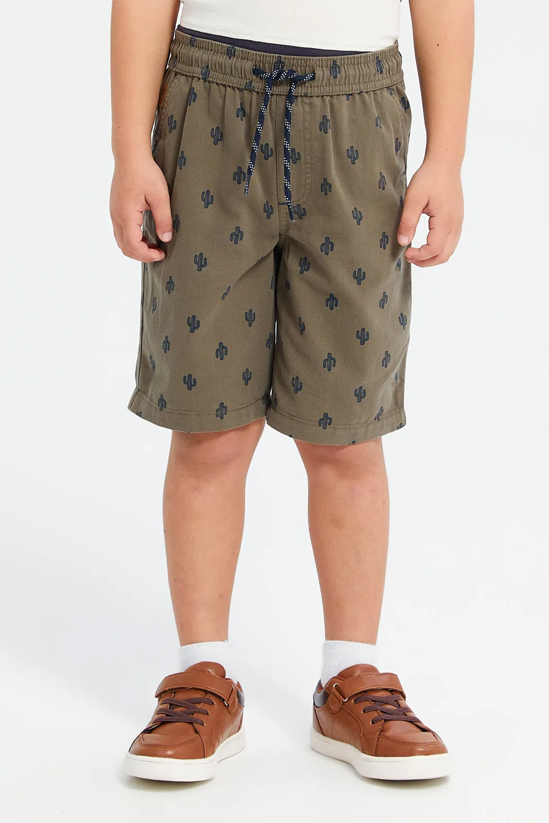 Boys Green And Beige Printed Shorts Set (2 Piece)