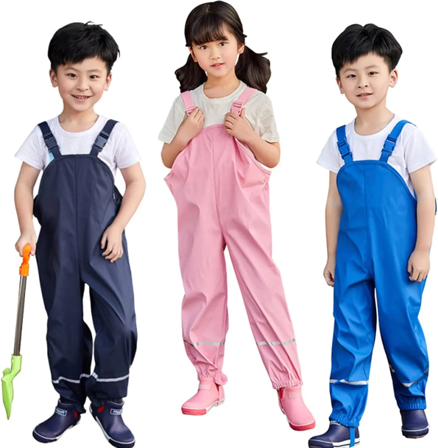 Boys Kids Reflective Suspender Rain Pants Toddler Waterproof Rain Bib Pants Girls Rain Overalls, Mud Rain Pants