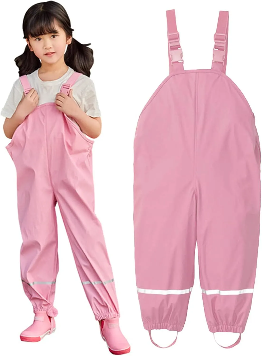 Boys Kids Reflective Suspender Rain Pants Toddler Waterproof Rain Bib Pants Girls Rain Overalls, Mud Rain Pants