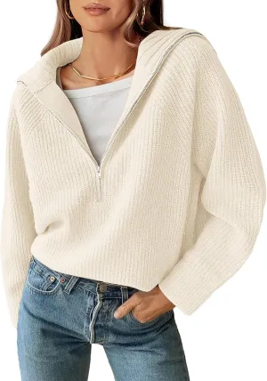 BTFBM Womens Casual Long Sleeve Half Zip Pullover Sweaters Solid V Neck Collar Ribbed Knitted Loose Slouchy Jumper Tops