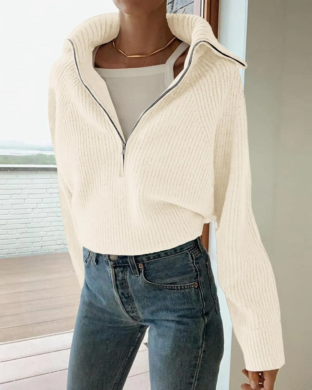 BTFBM Womens Casual Long Sleeve Half Zip Pullover Sweaters Solid V Neck Collar Ribbed Knitted Loose Slouchy Jumper Tops