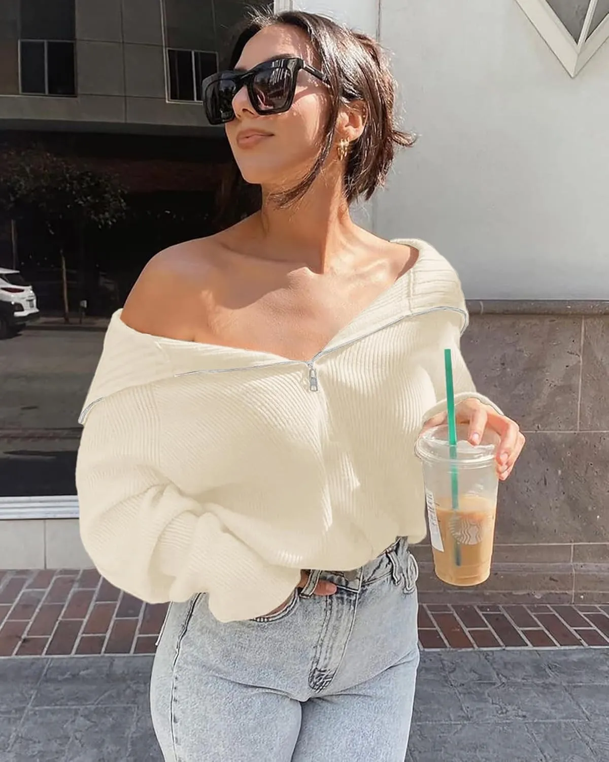 BTFBM Womens Casual Long Sleeve Half Zip Pullover Sweaters Solid V Neck Collar Ribbed Knitted Loose Slouchy Jumper Tops