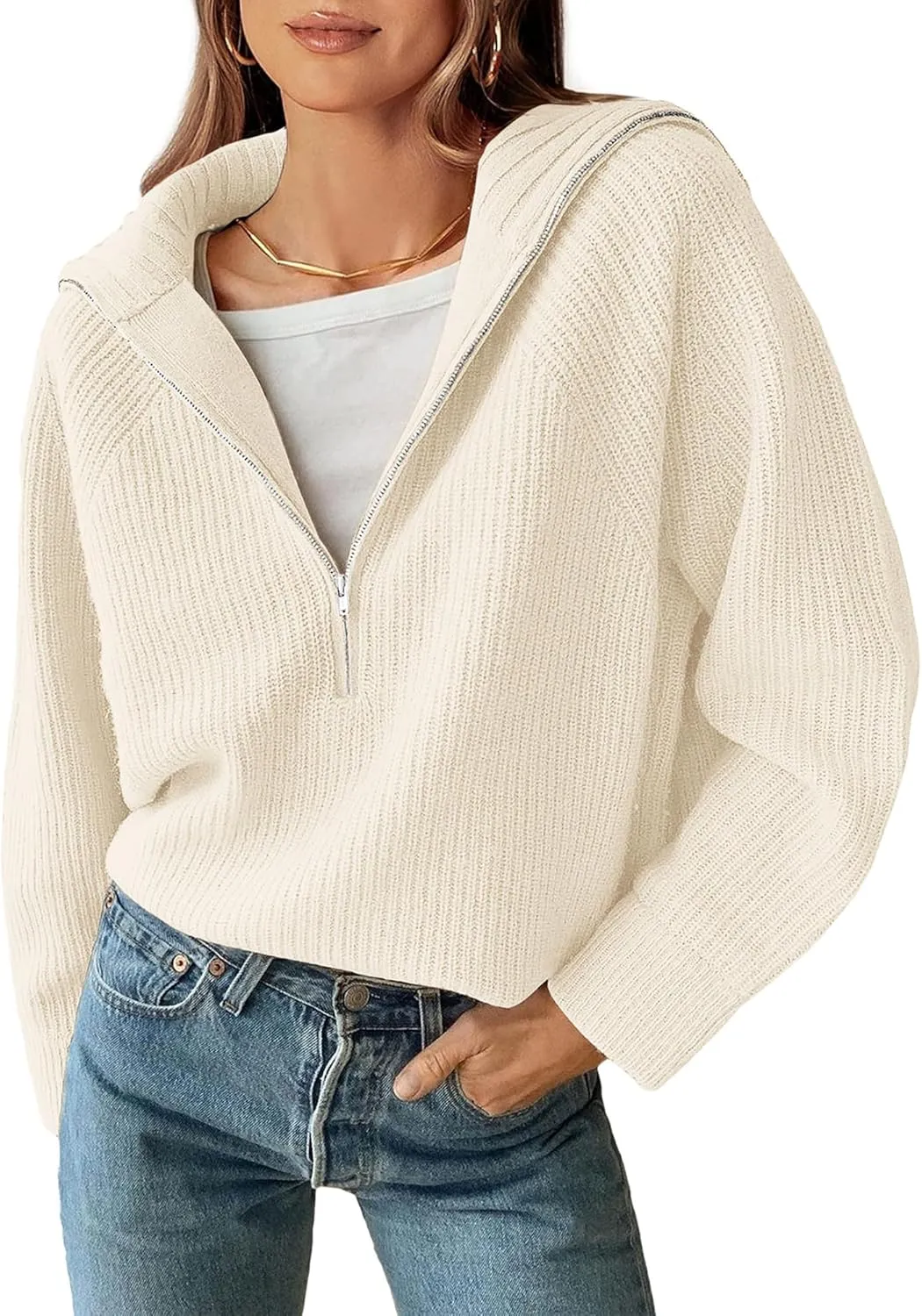 BTFBM Womens Casual Long Sleeve Half Zip Pullover Sweaters Solid V Neck Collar Ribbed Knitted Loose Slouchy Jumper Tops