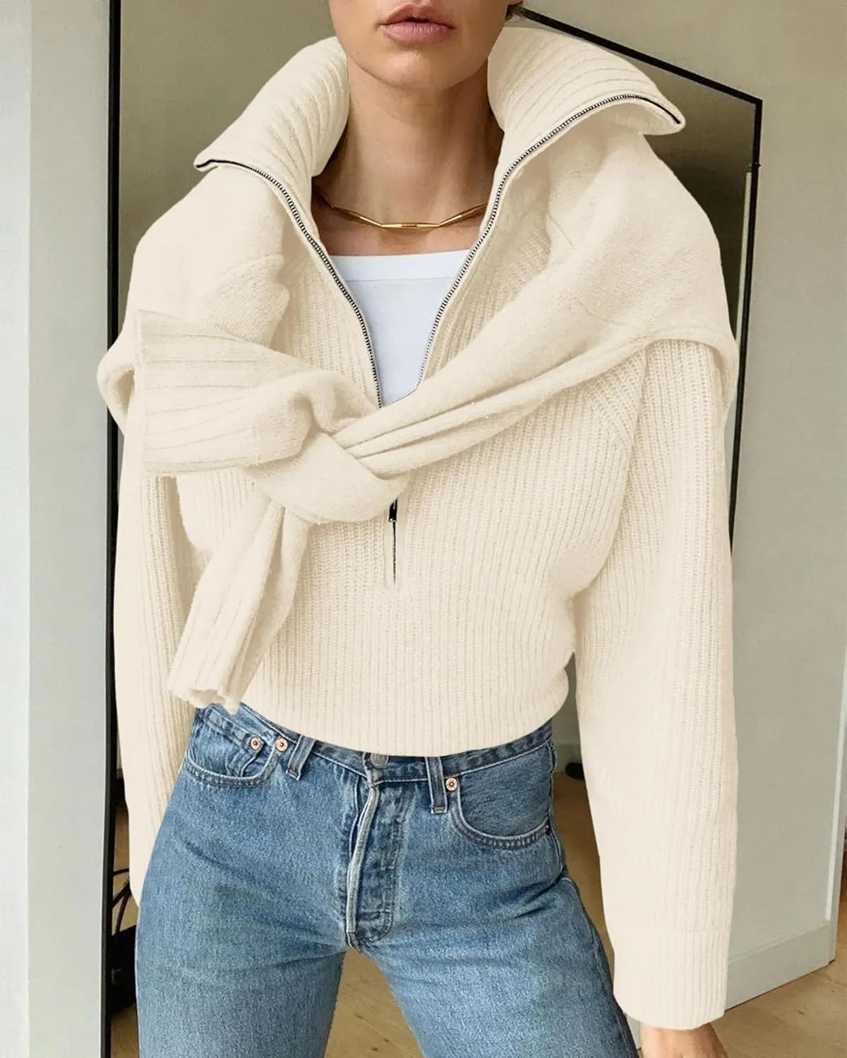 BTFBM Womens Casual Long Sleeve Half Zip Pullover Sweaters Solid V Neck Collar Ribbed Knitted Loose Slouchy Jumper Tops