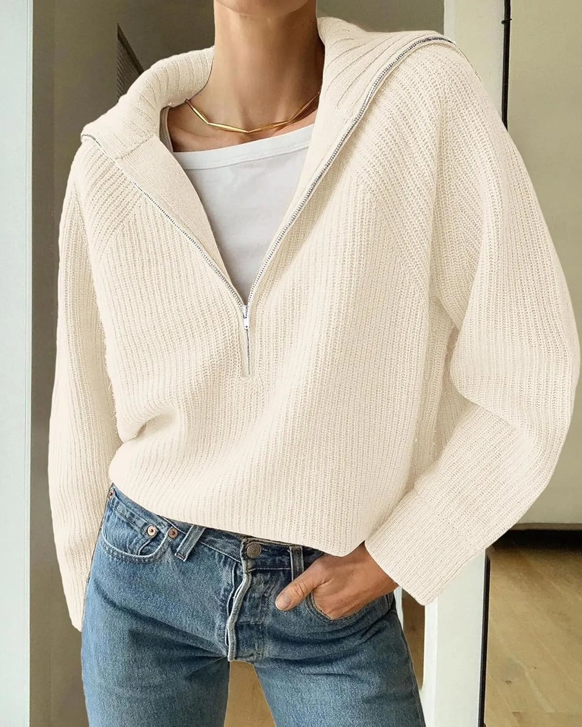 BTFBM Womens Casual Long Sleeve Half Zip Pullover Sweaters Solid V Neck Collar Ribbed Knitted Loose Slouchy Jumper Tops