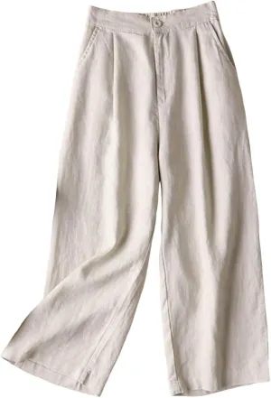 Business Casual Pants for Women Casual High Waist Wide Leg Straight Dressy Cotton Linen Pants Button Trousers