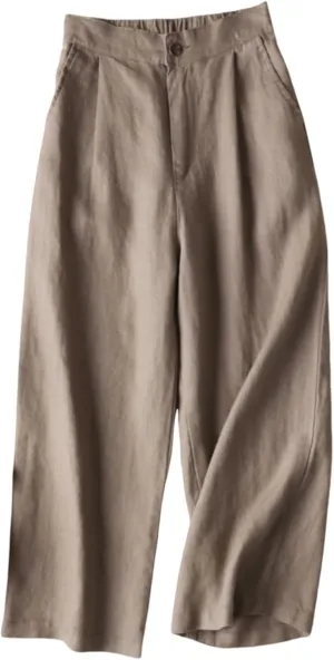 Business Casual Pants for Women Casual High Waist Wide Leg Straight Dressy Cotton Linen Pants Button Trousers